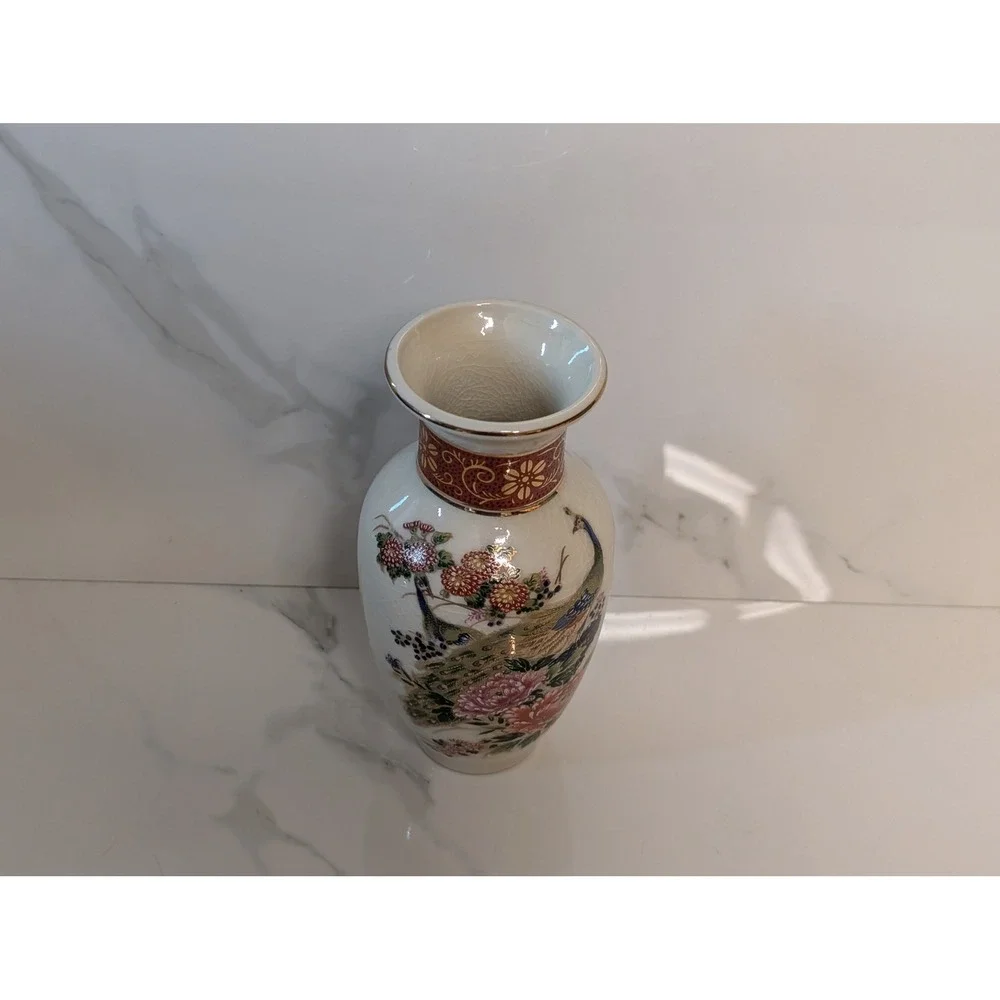 Vintage Japanese Satsuma Peacock Porcelain Vase Crackle Glaze Floral Gold Trim